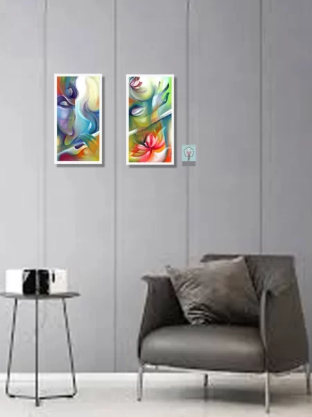 Krishna And Radha Wall Decor Antique Oil Painting Portrait With Red Lotus Flower Define Love Has Full Eternity Painting Set of 2
