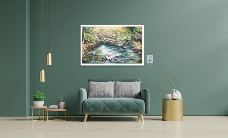 Peace Of Nature Wall Art Paintings On Canvas Indian Village River Scenery Landscape Canvas Wall Art With Sail Boats, Ducks, Trees Greenary