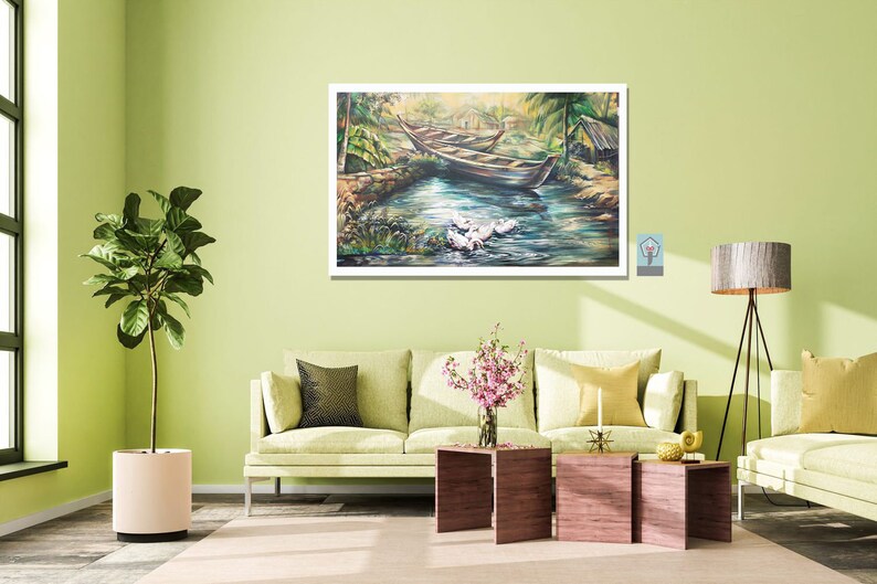 Peace Of Nature Wall Art Paintings On Canvas Indian Village River Scenery Landscape Canvas Wall Art With Sail Boats, Ducks, Trees Greenary