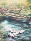 Peace Of Nature Wall Art Paintings On Canvas Indian Village River Scenery Landscape Canvas Wall Art With Sail Boats, Ducks, Trees Greenary