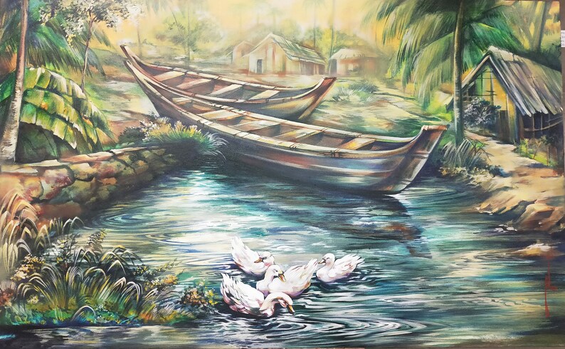 Peace Of Nature Wall Art Paintings On Canvas Indian Village River Scenery Landscape Canvas Wall Art With Sail Boats, Ducks, Trees Greenary