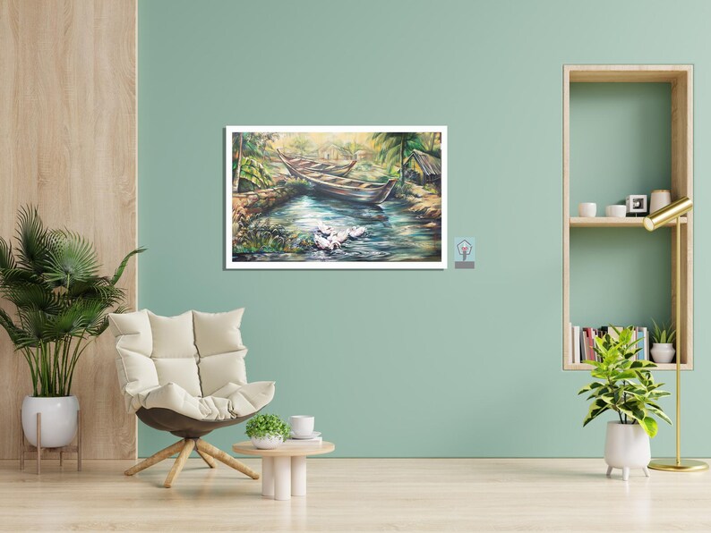 Peace Of Nature Wall Art Paintings On Canvas Indian Village River Scenery Landscape Canvas Wall Art With Sail Boats, Ducks, Trees Greenary