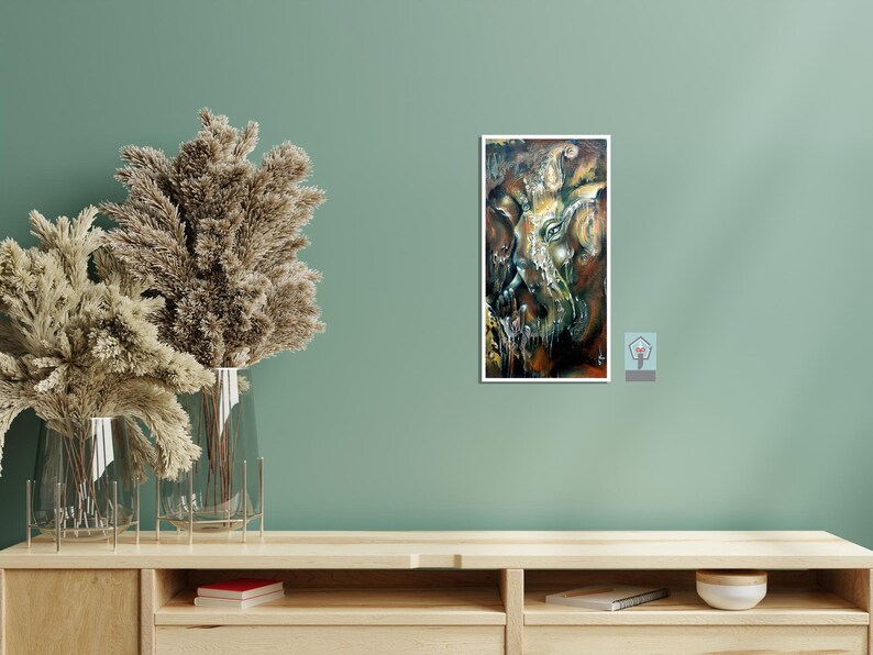 Ganesha Large Abstract Oil Painting on Canvas Original Textured Wall Art Teal Fancy Acrylic Painting Modern Living Room Spiritual Home Decor