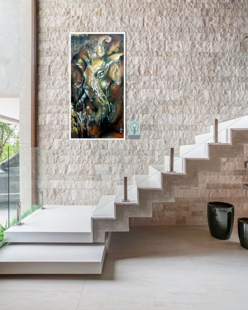 Ganesha Large Abstract Oil Painting on Canvas Original Textured Wall Art Teal Fancy Acrylic Painting Modern Living Room Spiritual Home Decor